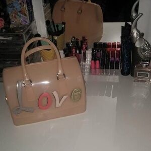 Furla Tan Satchel with Colorful Lettering